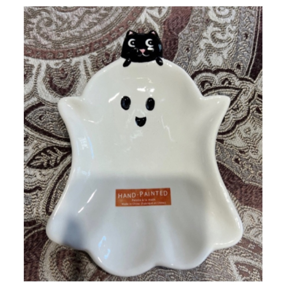 NEW Halloween Ghost With Spooky Cat Trinket Tray Spoon Rest 👻